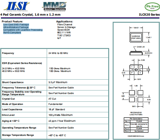 ILSI晶振,1612贴片晶振,ILCX20石英晶振