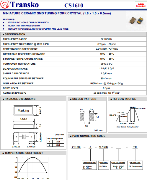 Transko晶振,特兰斯科音叉晶振,CS1610石英晶振