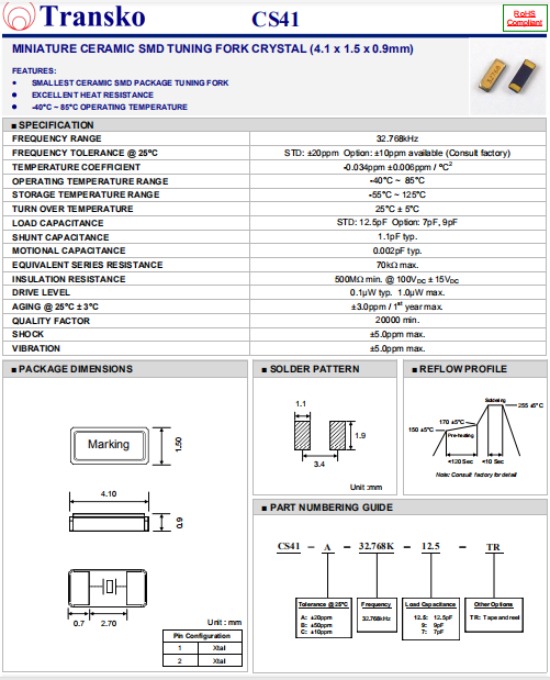 Transko晶振,4115音叉晶振,CS41进口晶振